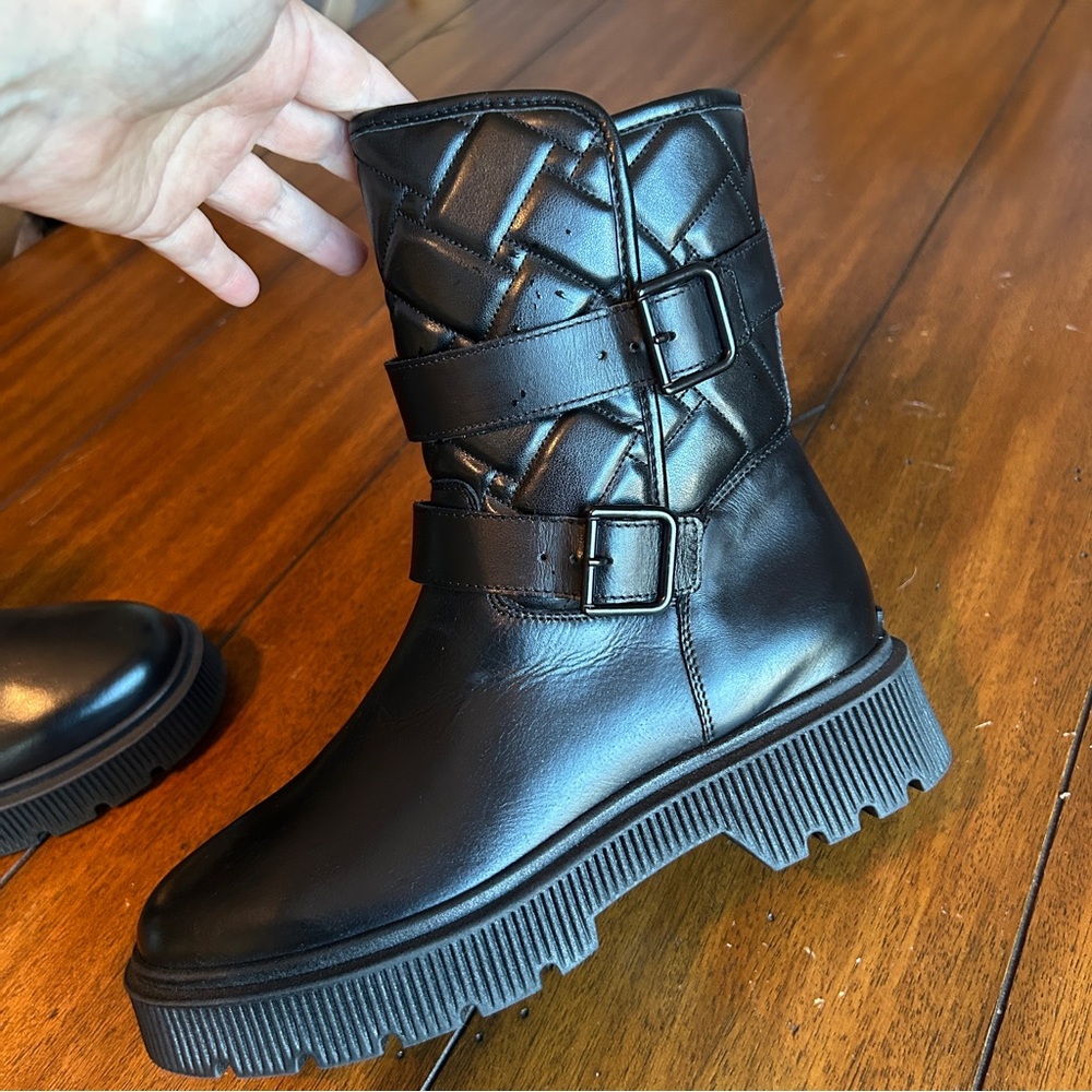 KURT GEIGER Womens Black Quilted Combat Moto Boots with Buckles Size 38 - Picture 5 of 9